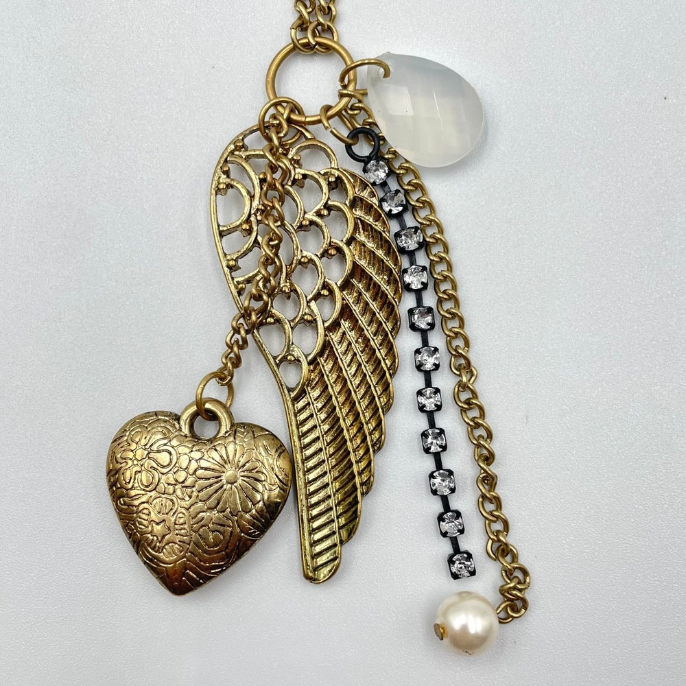 Vintage Y2K Boho Brass Tone Angel Wing Heart Charm Multi Strand Pendant Necklace